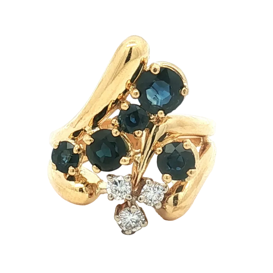 18K Yellow Gold Freeform Sapphire and Diamond Ring