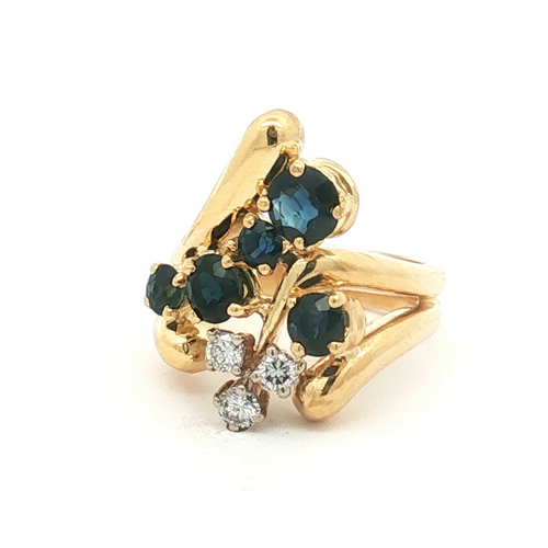 18K Yellow Gold Freeform Sapphire and Diamond Ring