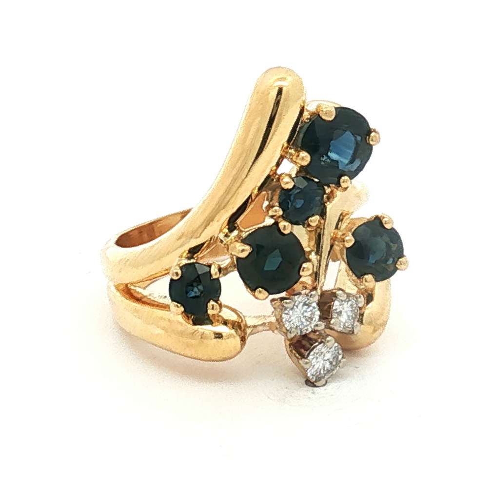 18K Yellow Gold Freeform Sapphire and Diamond Ring