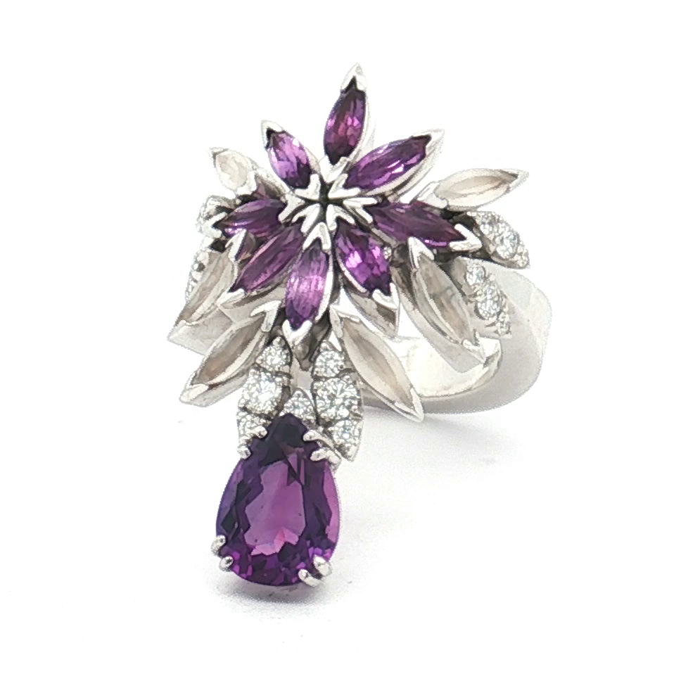 Estate Pasquale Bruni 18K White Gold Amethyst, Quartz and Diamond Ring