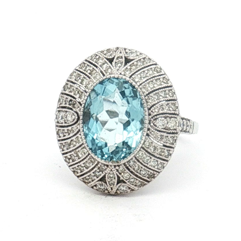 Estate 14K White Gold 3.0 Carat Aquamarine and Diamond Dinner Ring