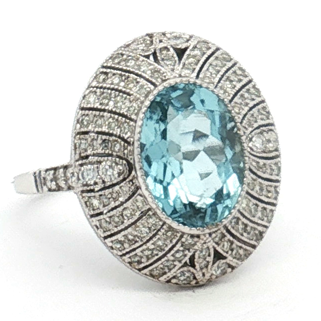 Estate 14K White Gold 3.0 Carat Aquamarine and Diamond Dinner Ring