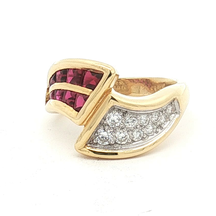 Estate 18K Yellow Gold Channel Set Ruby and Pavé Diamond Ring