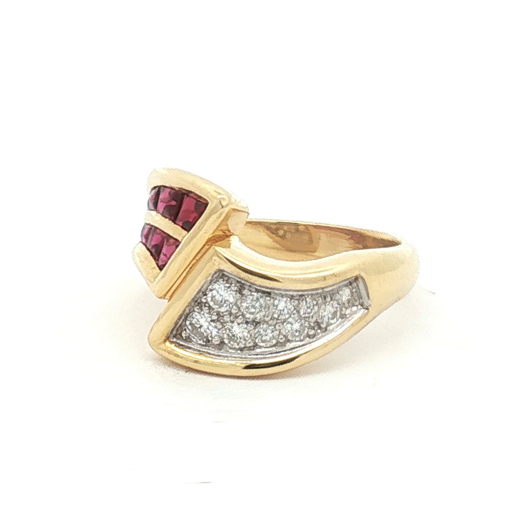 Estate 18K Yellow Gold Channel Set Ruby and Pavé Diamond Ring
