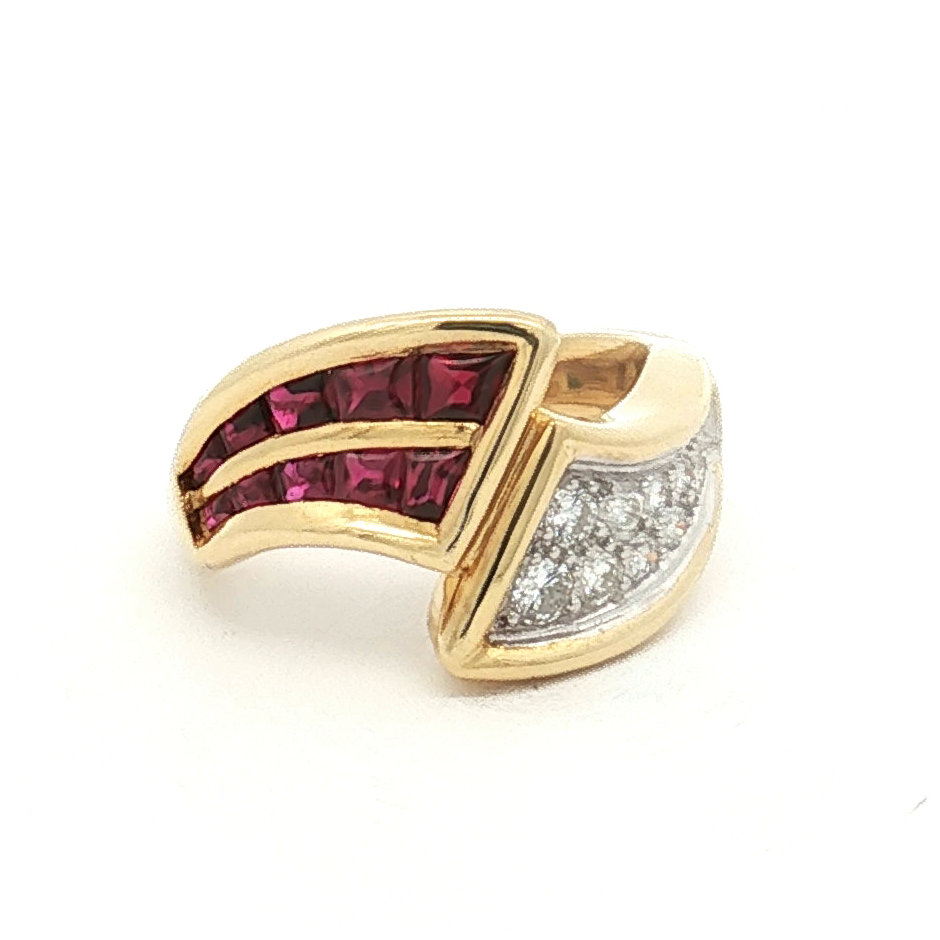 Estate 18K Yellow Gold Channel Set Ruby and Pavé Diamond Ring