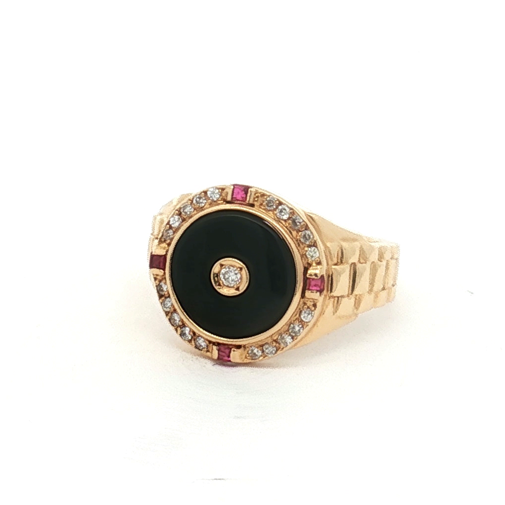 Estate 18K Yellow Gold "Onyx", Ruby and Diamond Signet Style Ring