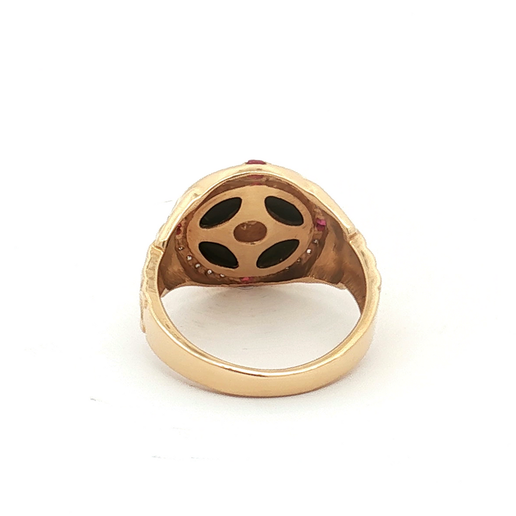 Estate 18K Yellow Gold "Onyx", Ruby and Diamond Signet Style Ring