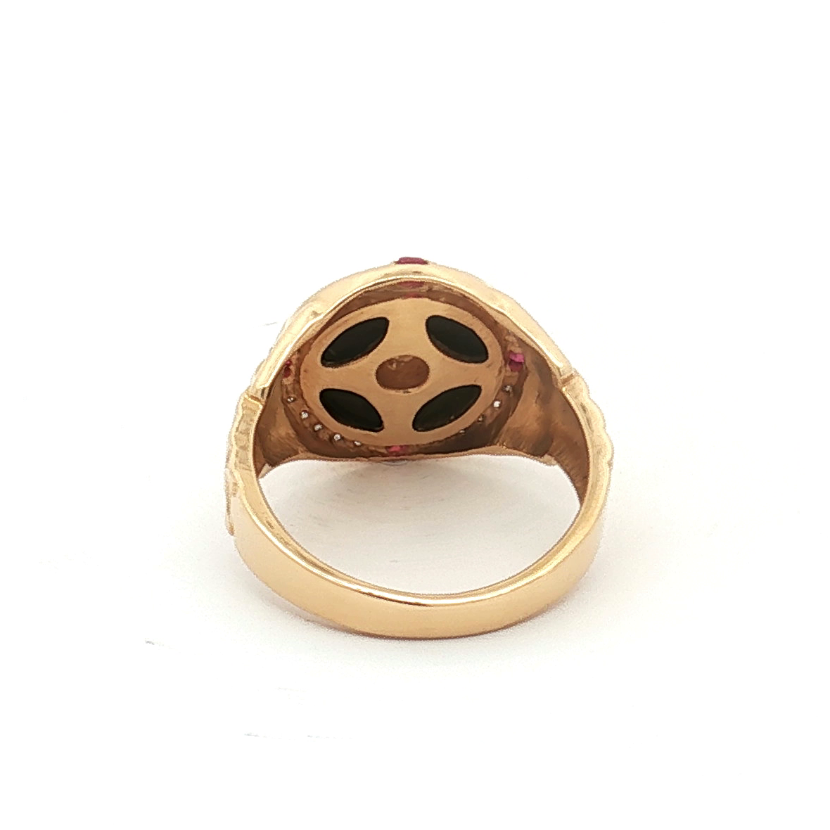 Estate 18K Yellow Gold "Onyx", Ruby and Diamond Signet Style Ring