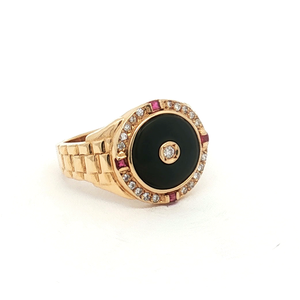 Estate 18K Yellow Gold "Onyx", Ruby and Diamond Signet Style Ring