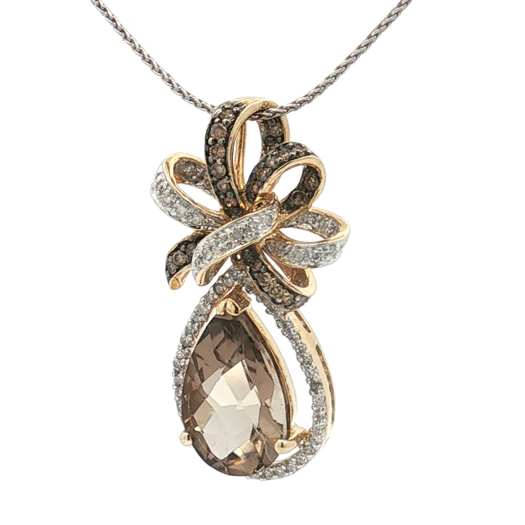 14K Yellow Gold 4.00 Carat Smoky Quartz and Diamond Bow Pendant