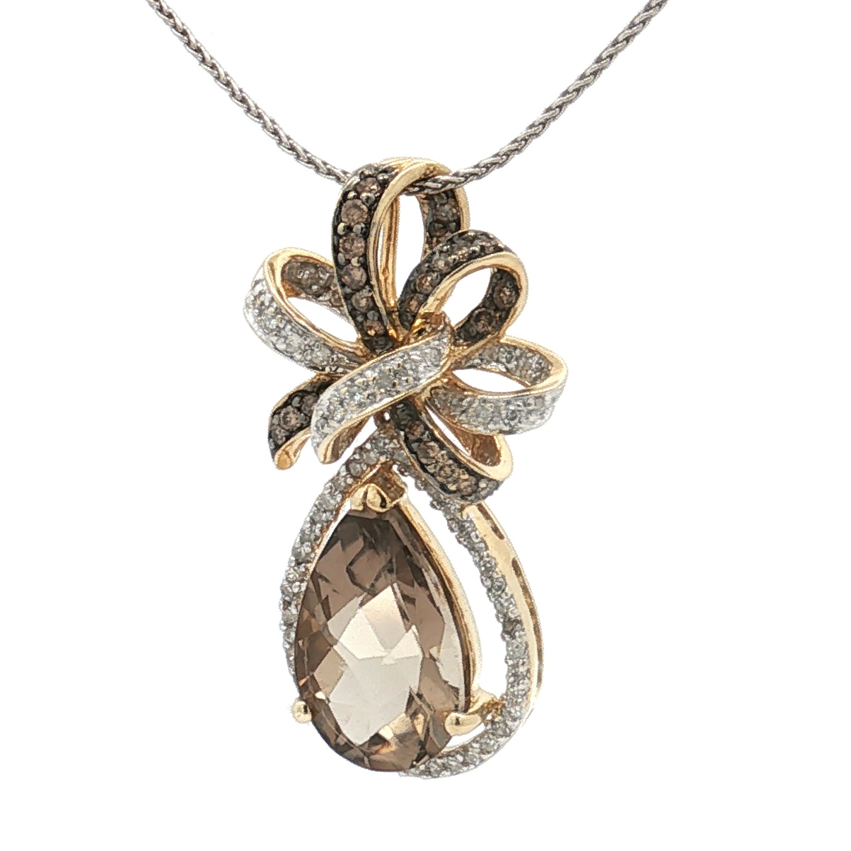 14K Yellow Gold 4.00 Carat Smoky Quartz and Diamond Bow Pendant