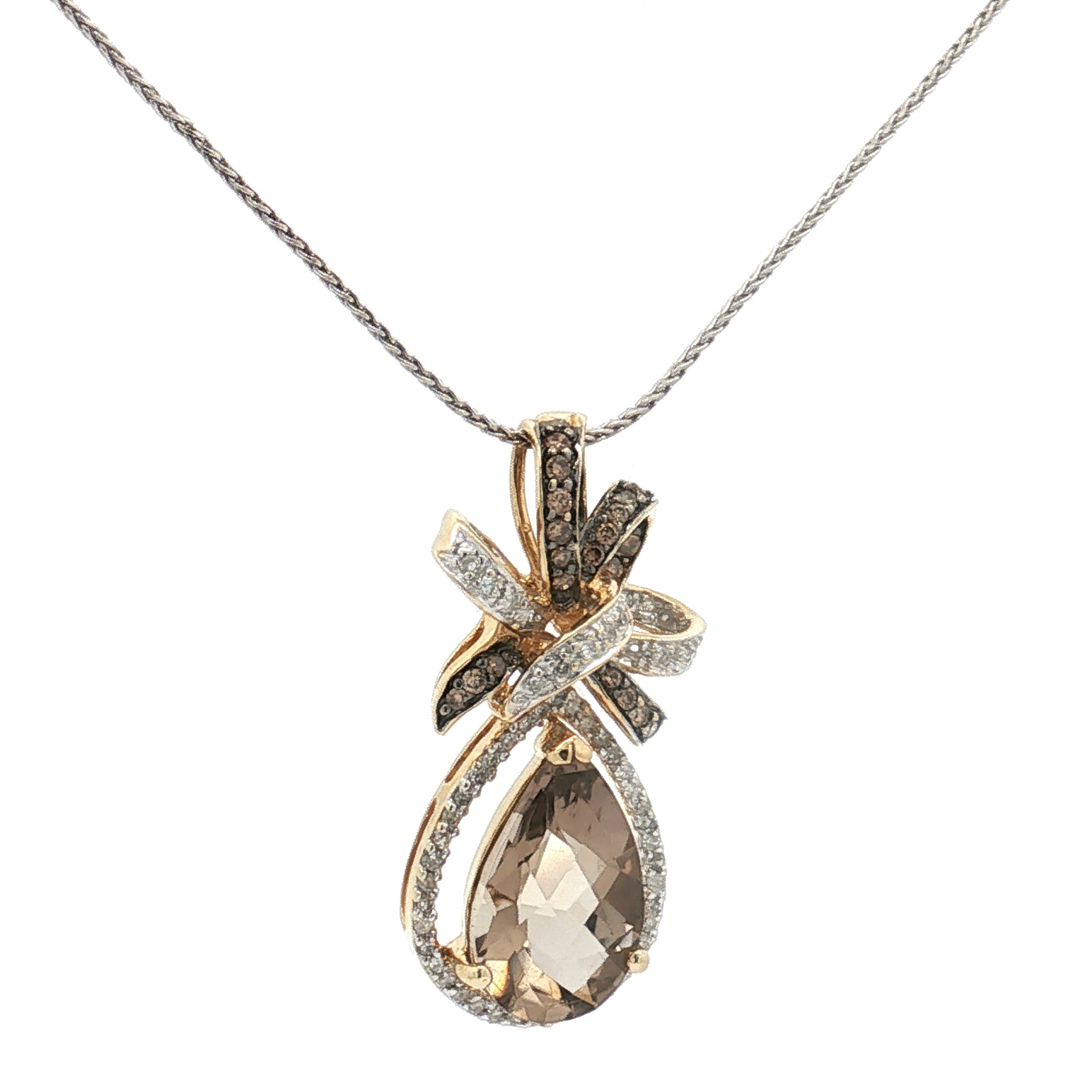 14K Yellow Gold 4.00 Carat Smoky Quartz and Diamond Bow Pendant
