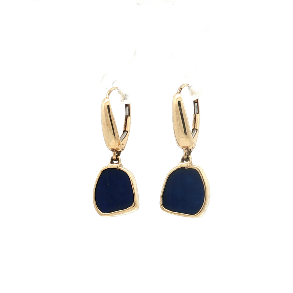 Estate 14K Yellow Gold Carved Lapis Lazuli Dangle Earrings