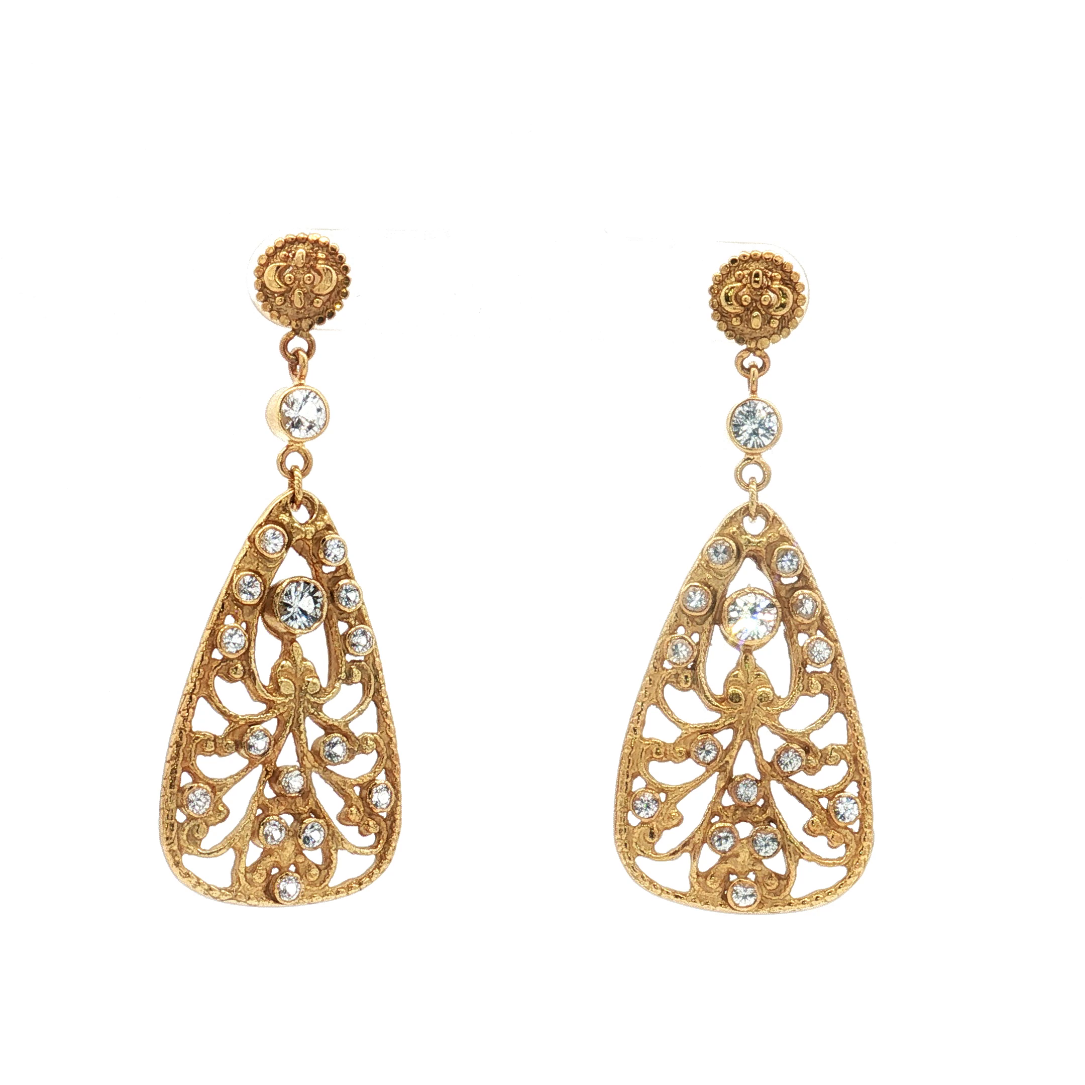 18K Yellow Gold Openwork White Sapphire Drop Earrings