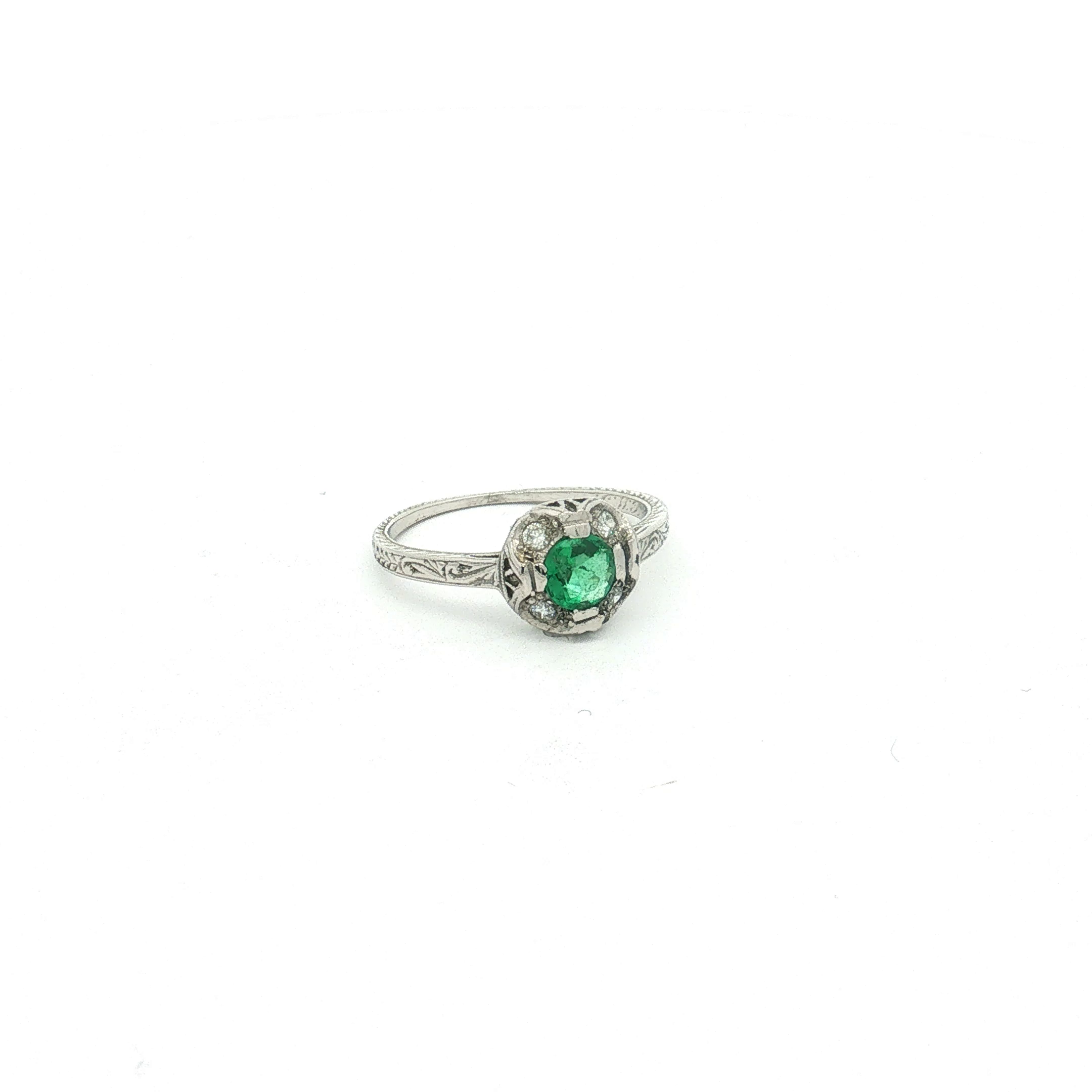 Antique Platinum Milgrain and Engraved Emerald and Diamond Ring