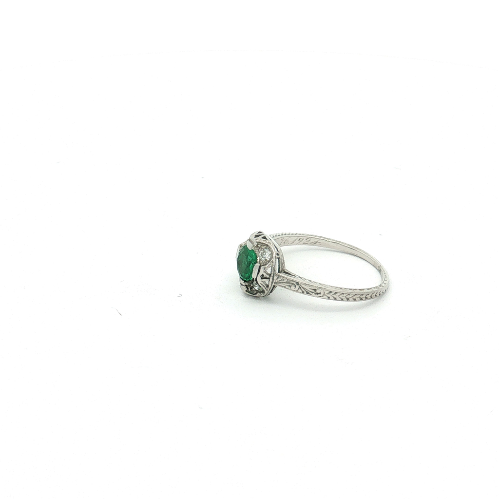 Antique Platinum Milgrain and Engraved Emerald and Diamond Ring