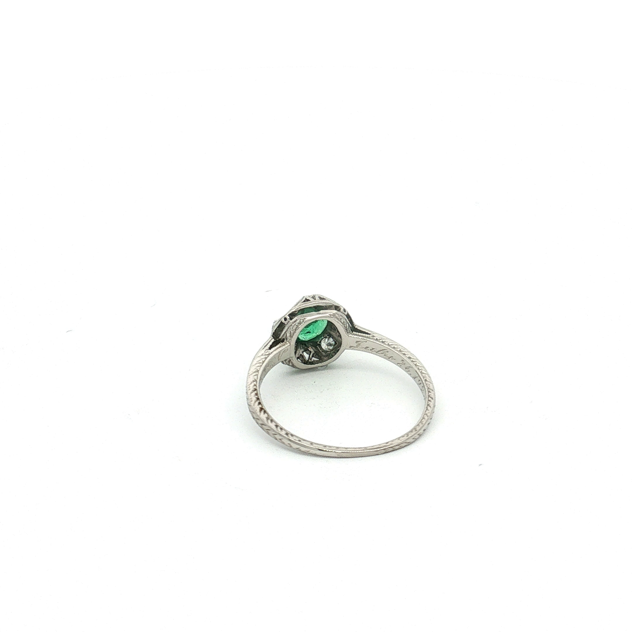 Antique Platinum Milgrain and Engraved Emerald and Diamond Ring