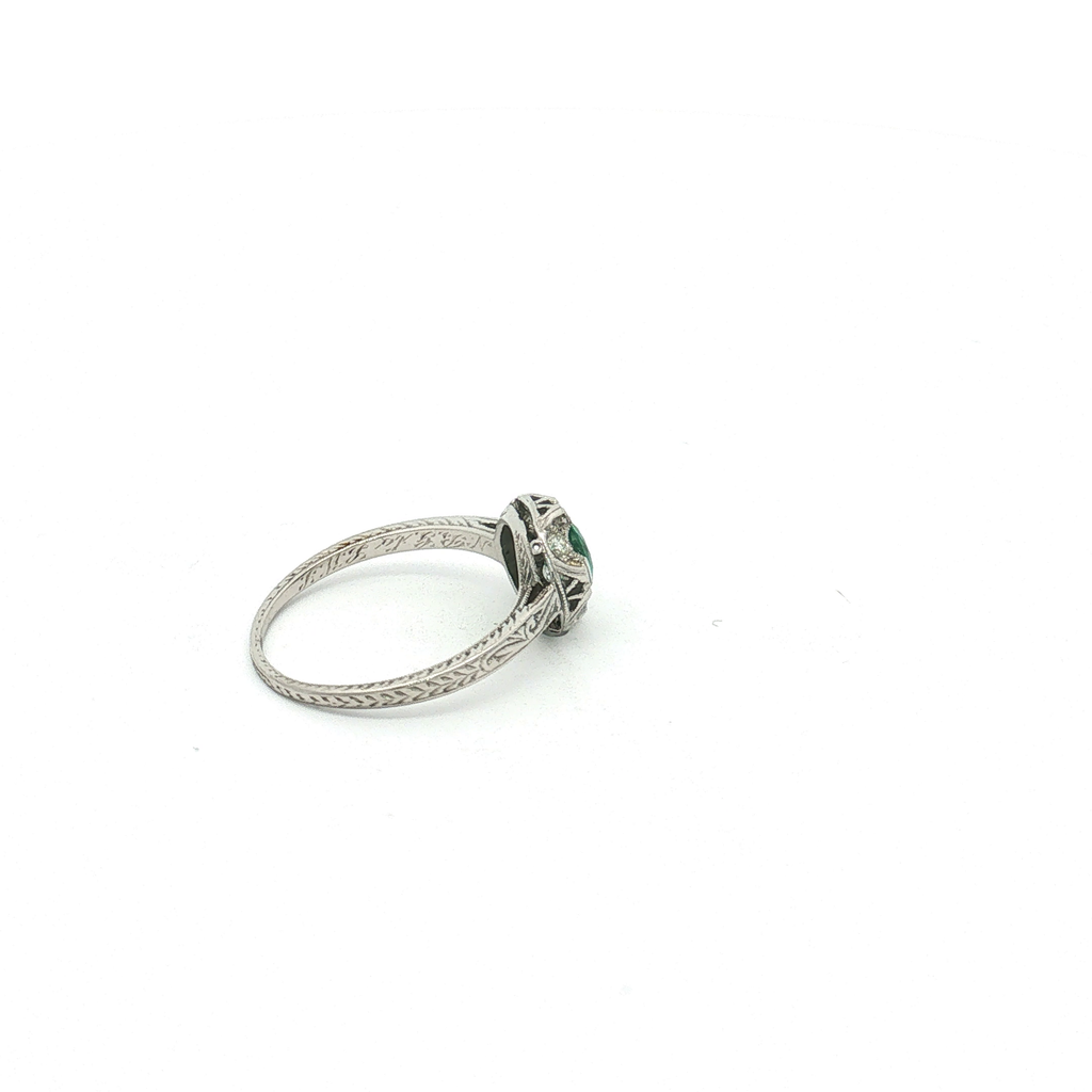 Antique Platinum Milgrain and Engraved Emerald and Diamond Ring