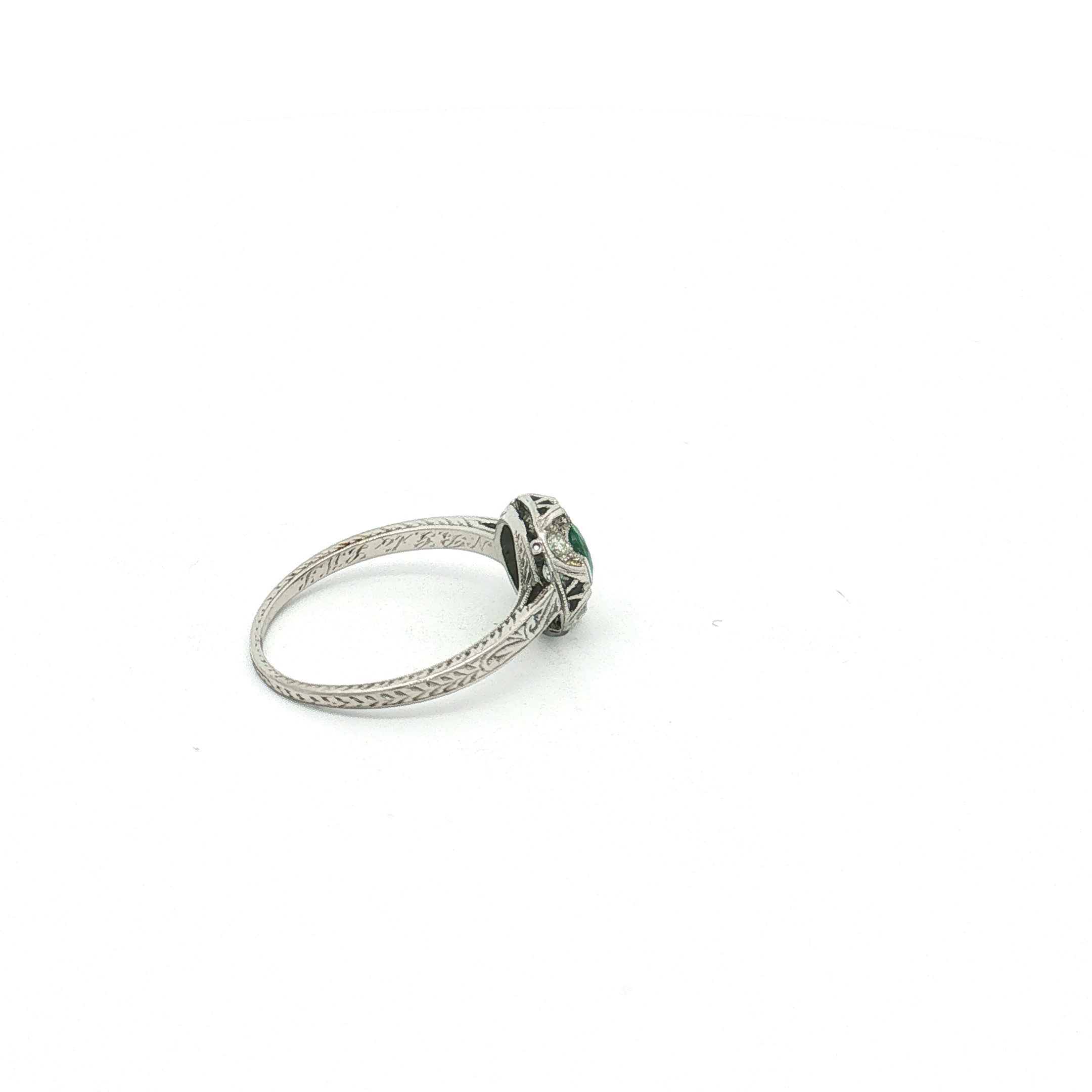 Antique Platinum Milgrain and Engraved Emerald and Diamond Ring