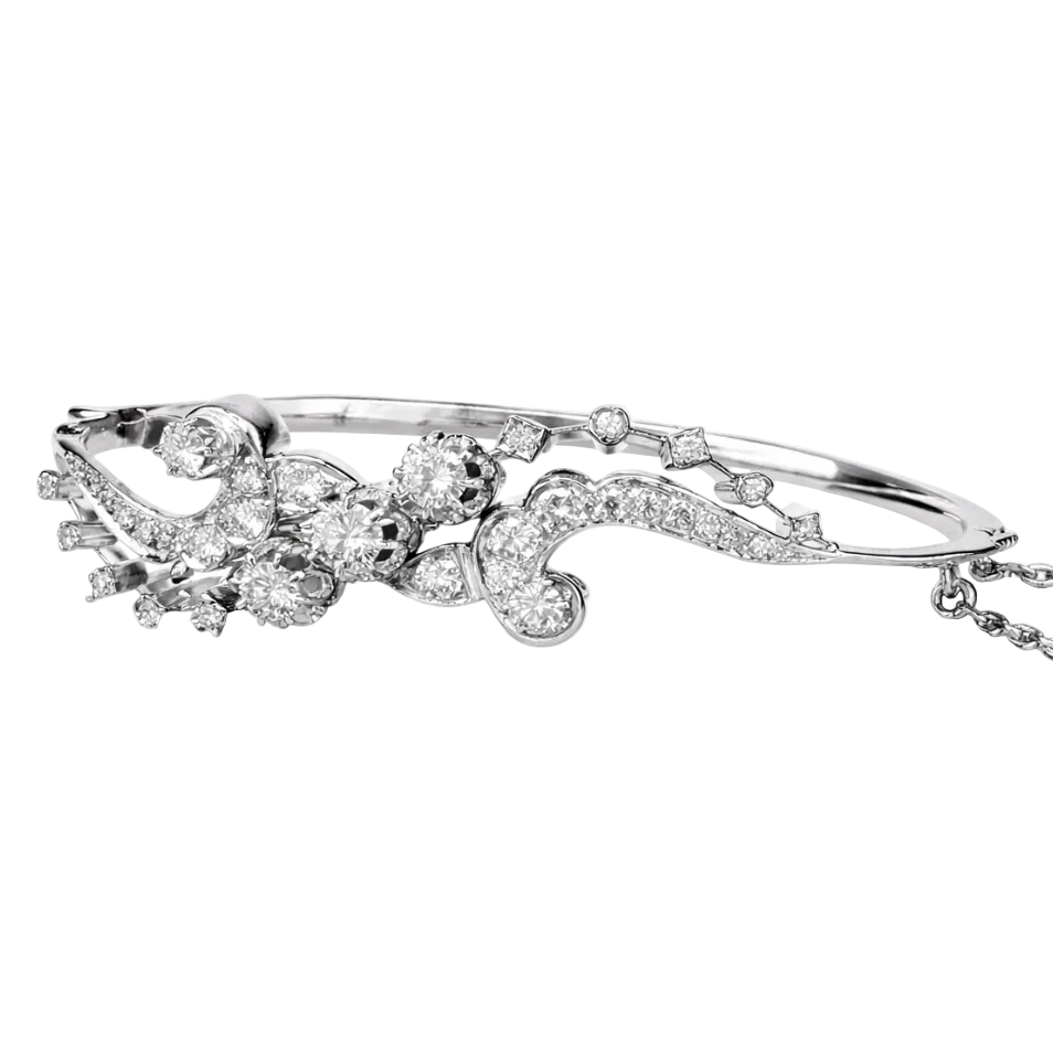 French 1940’s Estate 18K White Gold 3.45 Carat Diamond Bangle Bracelet
