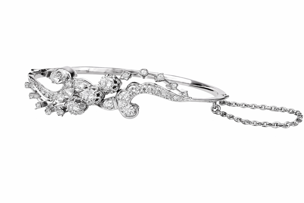 French 1940’s Estate 18K White Gold 3.45 Carat Diamond Bangle Bracelet