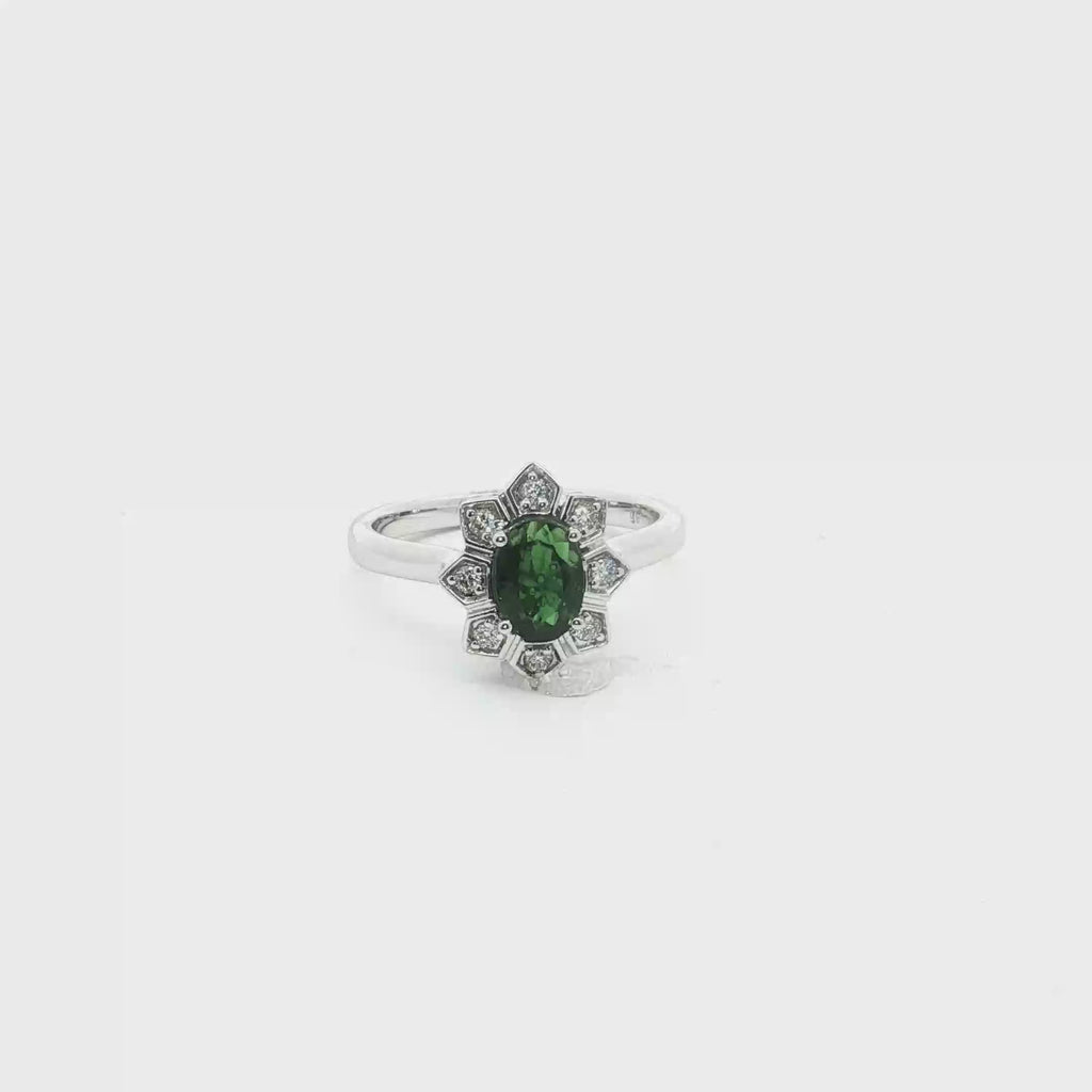 14K White Gold 0.73 Carat Tsavorite Garnet & Diamond Floral Halo Ring