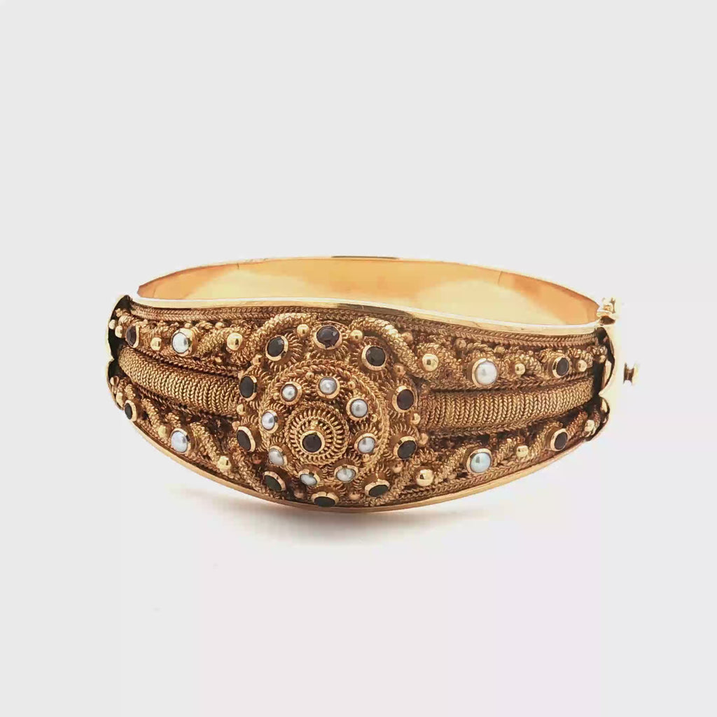 Vintage 22K Yellow Gold Garnet and Pearl Bangle Bracelet