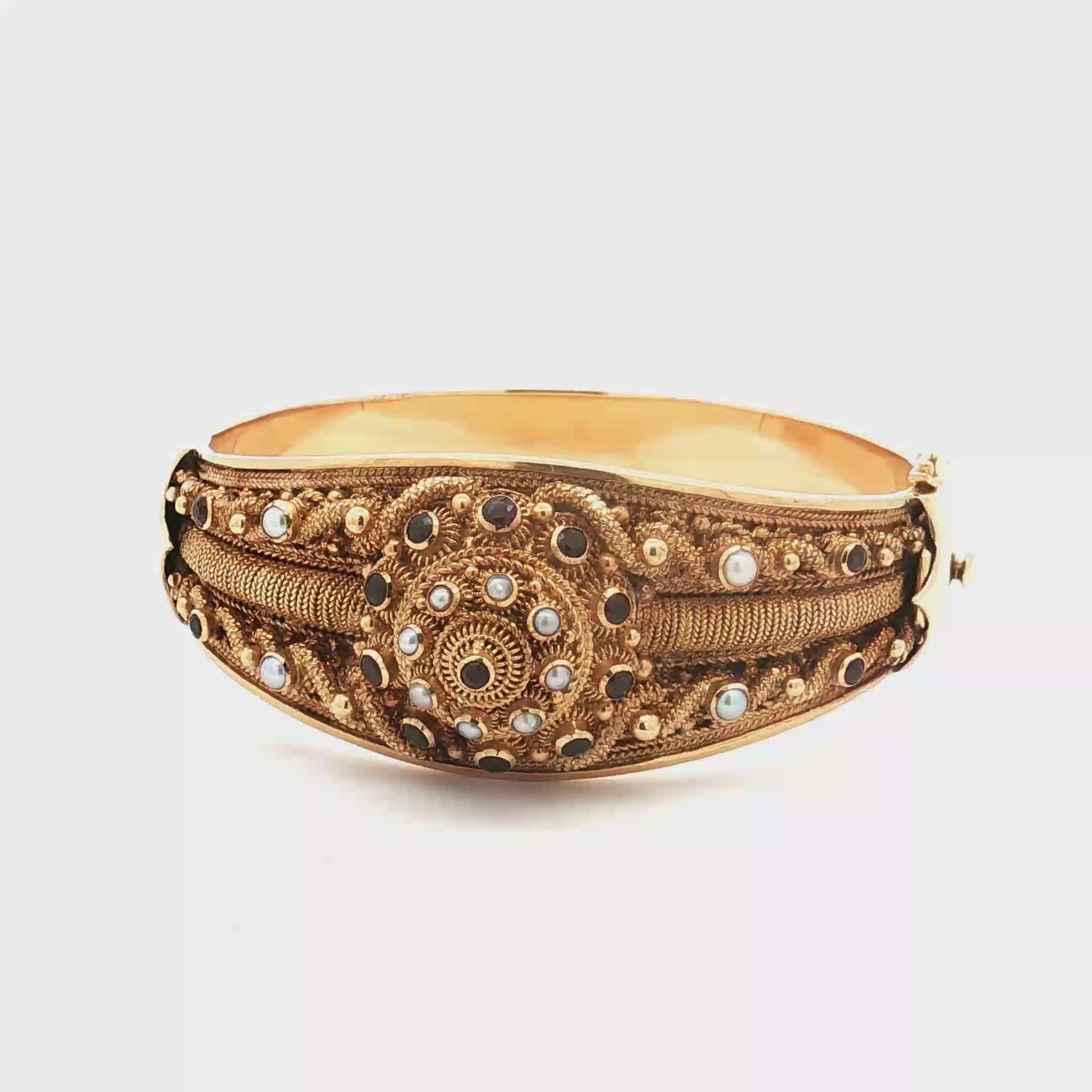 Vintage 22K Yellow Gold Garnet and Pearl Bangle Bracelet