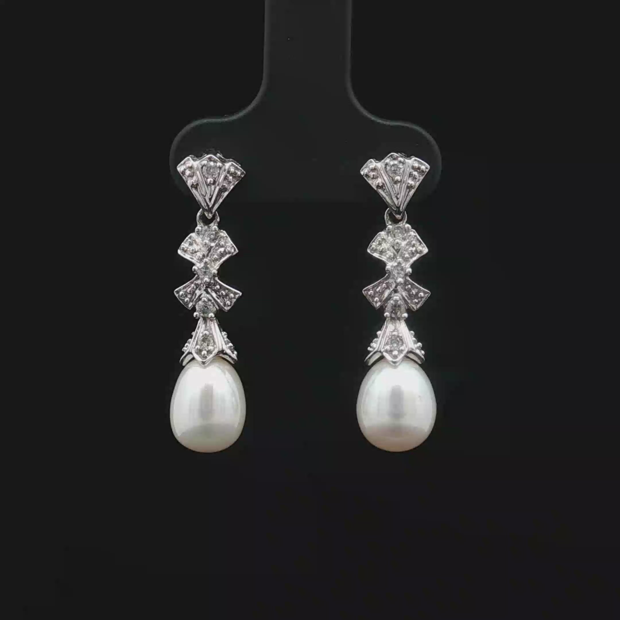 14K White Gold Estate Pearl & Pavé Diamond Drop Earrings