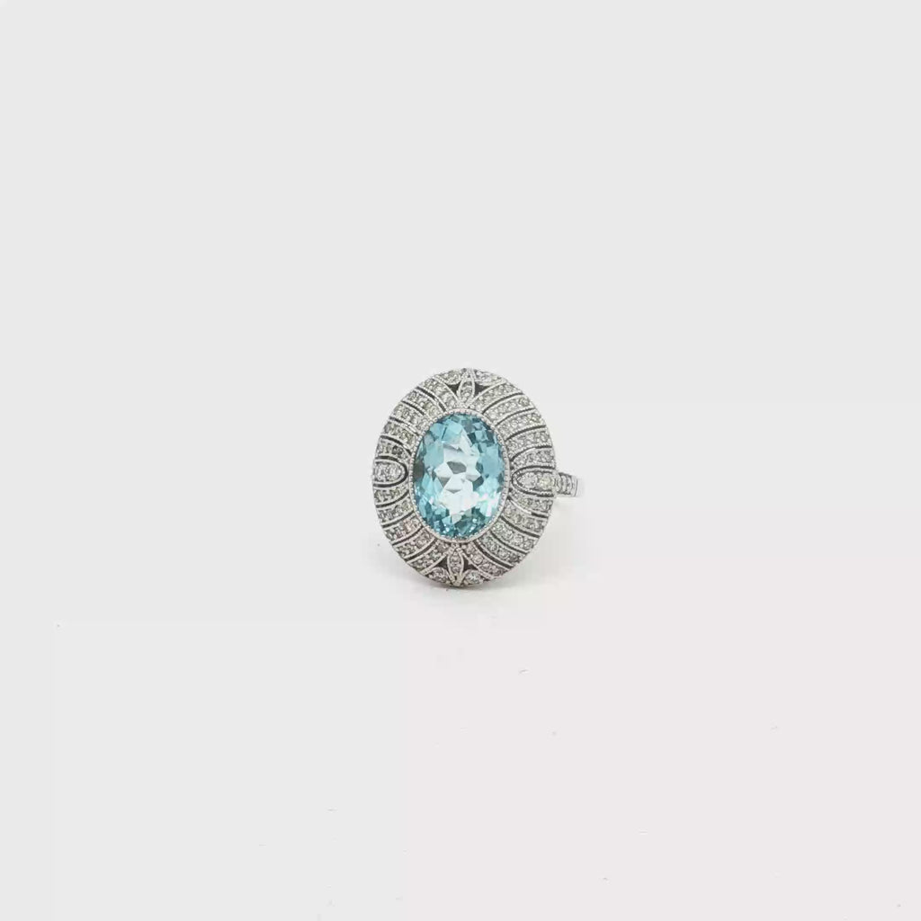 Estate 14K White Gold 3.0 Carat Aquamarine and Diamond Dinner Ring