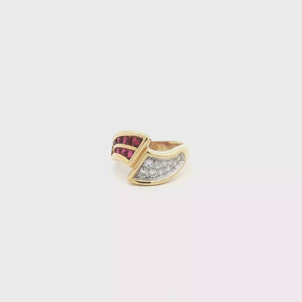 Estate 18K Yellow Gold Channel Set Ruby and Pavé Diamond Ring