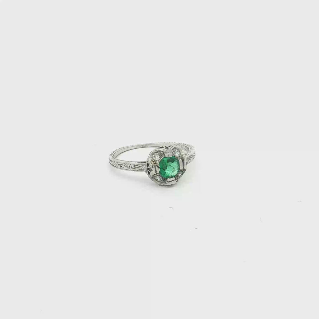 Antique Platinum Milgrain and Engraved Emerald and Diamond Ring