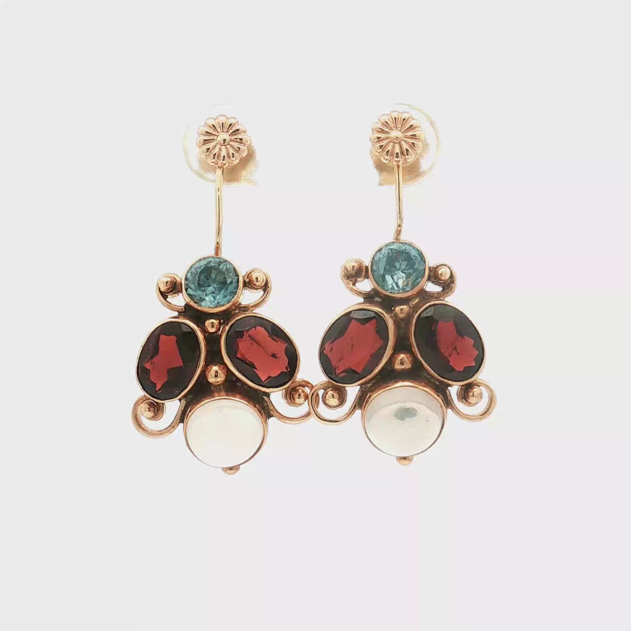 Estate 14K Yellow Gold Moonstone, Garnet and Blue Topaz Drop Earrings