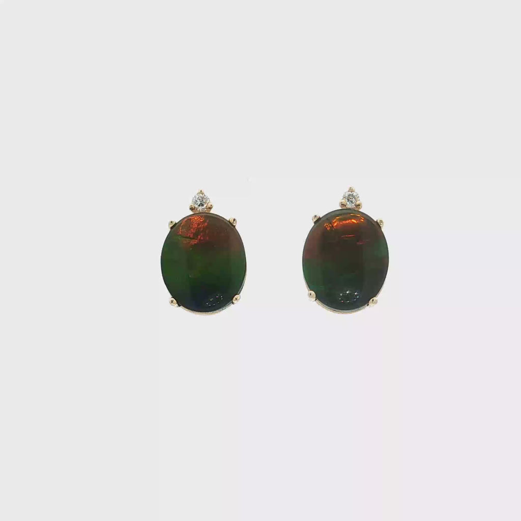 14K Yellow Gold Ammolite and Diamond Earrings ~6.45 Carat Grade AA Ammolites