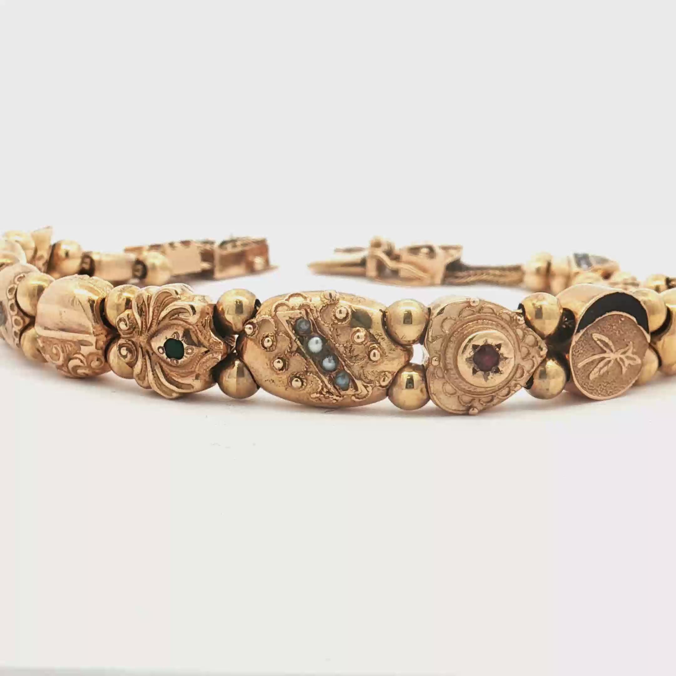 14K Yellow Gold Vintage Multi-Gem & Seed Pearl Slide Bracelet