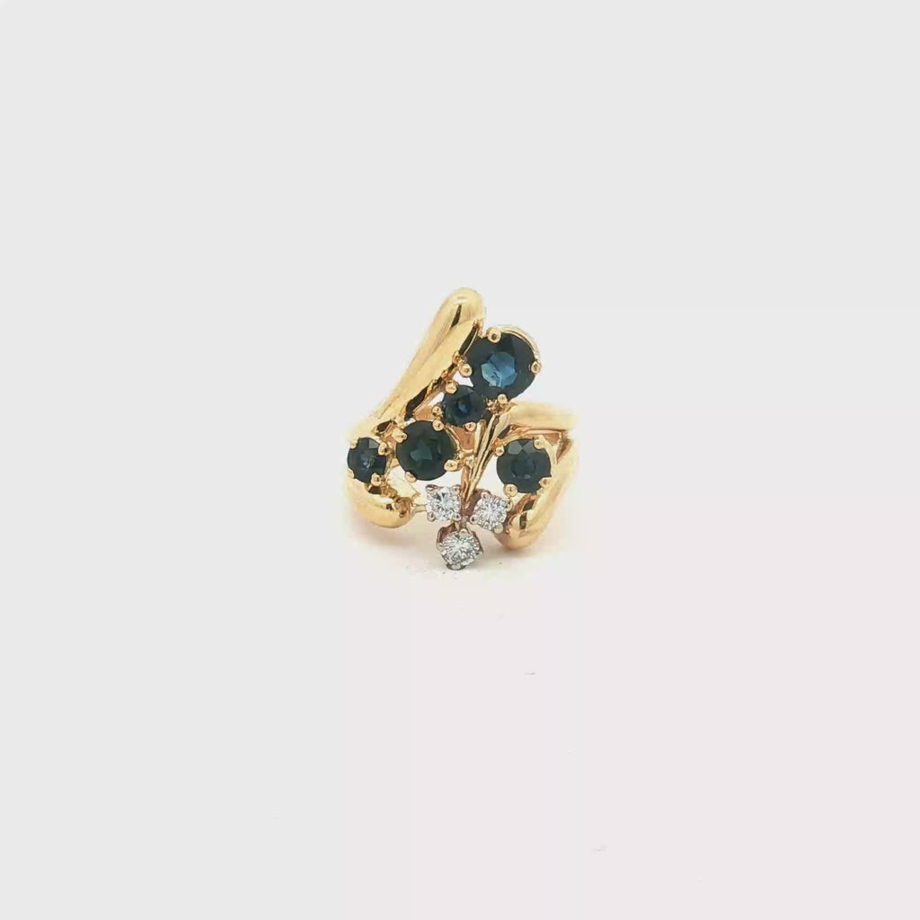 18K Yellow Gold Freeform Sapphire and Diamond Ring