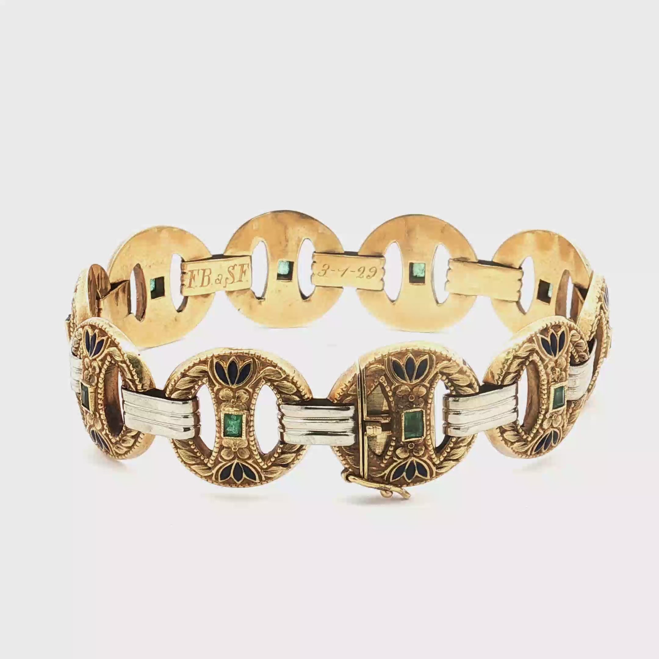 Antique 18K Yellow Gold Emerald and Blue Enamel Bracelet, Dated 1929